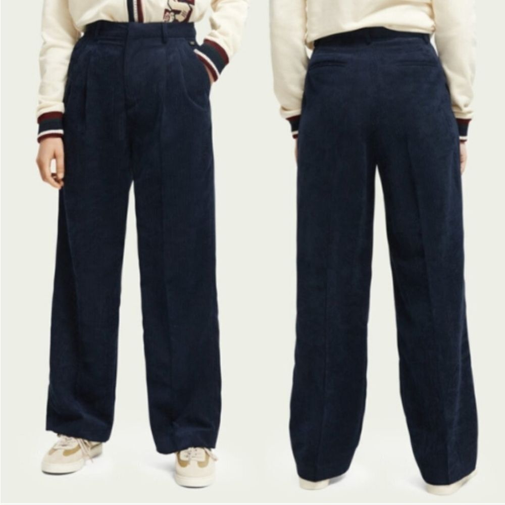 Scotch & Soda Navy Dark Blue High-Rise Wide Leg Corduroy Trousers Pants - XL